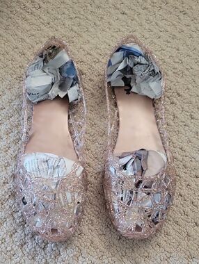 Women's Glitter Lattice Jelly Flats in Rose Gold